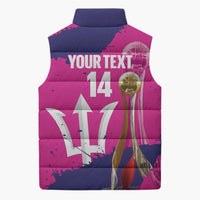 Pink and navy sleeveless puffer jacket back with number 14 and trophy graphic