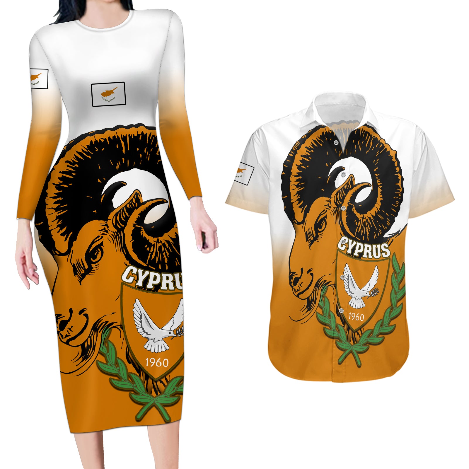 Cyprus Independence Day Couples Matching Long Sleeve Bodycon Dress and Hawaiian Shirt Coat Of Arms With Cypriot Mouflon Gradient Style - Wonder Print Shop