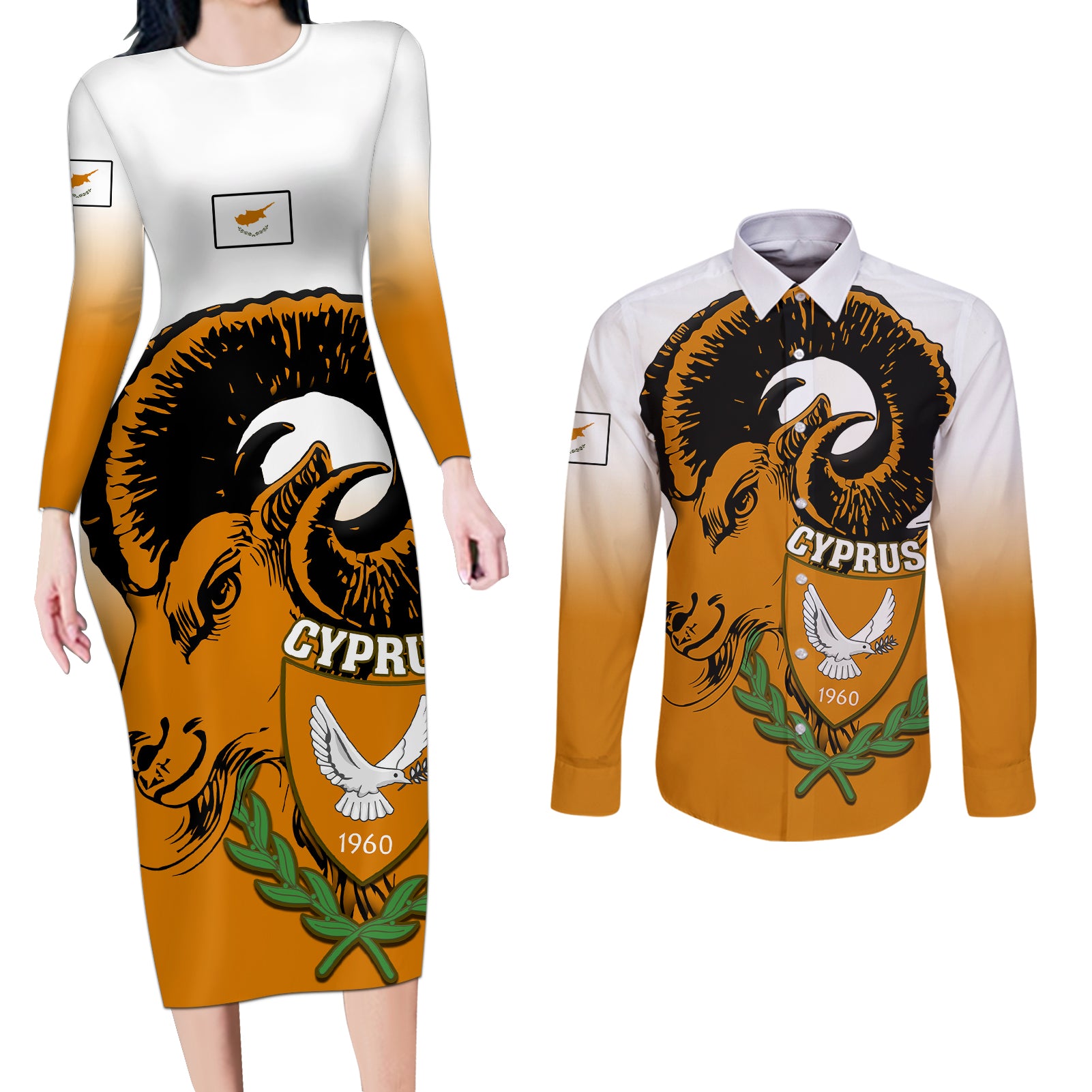 Cyprus Independence Day Couples Matching Long Sleeve Bodycon Dress and Long Sleeve Button Shirts Coat Of Arms With Cypriot Mouflon Gradient Style - Wonder Print Shop