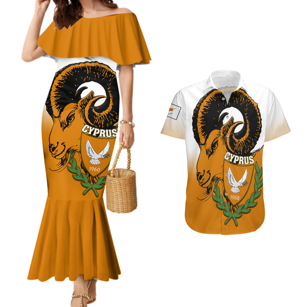 Cyprus Independence Day Couples Matching Mermaid Dress and Hawaiian Shirt Coat Of Arms With Cypriot Mouflon Gradient Style - Wonder Print Shop