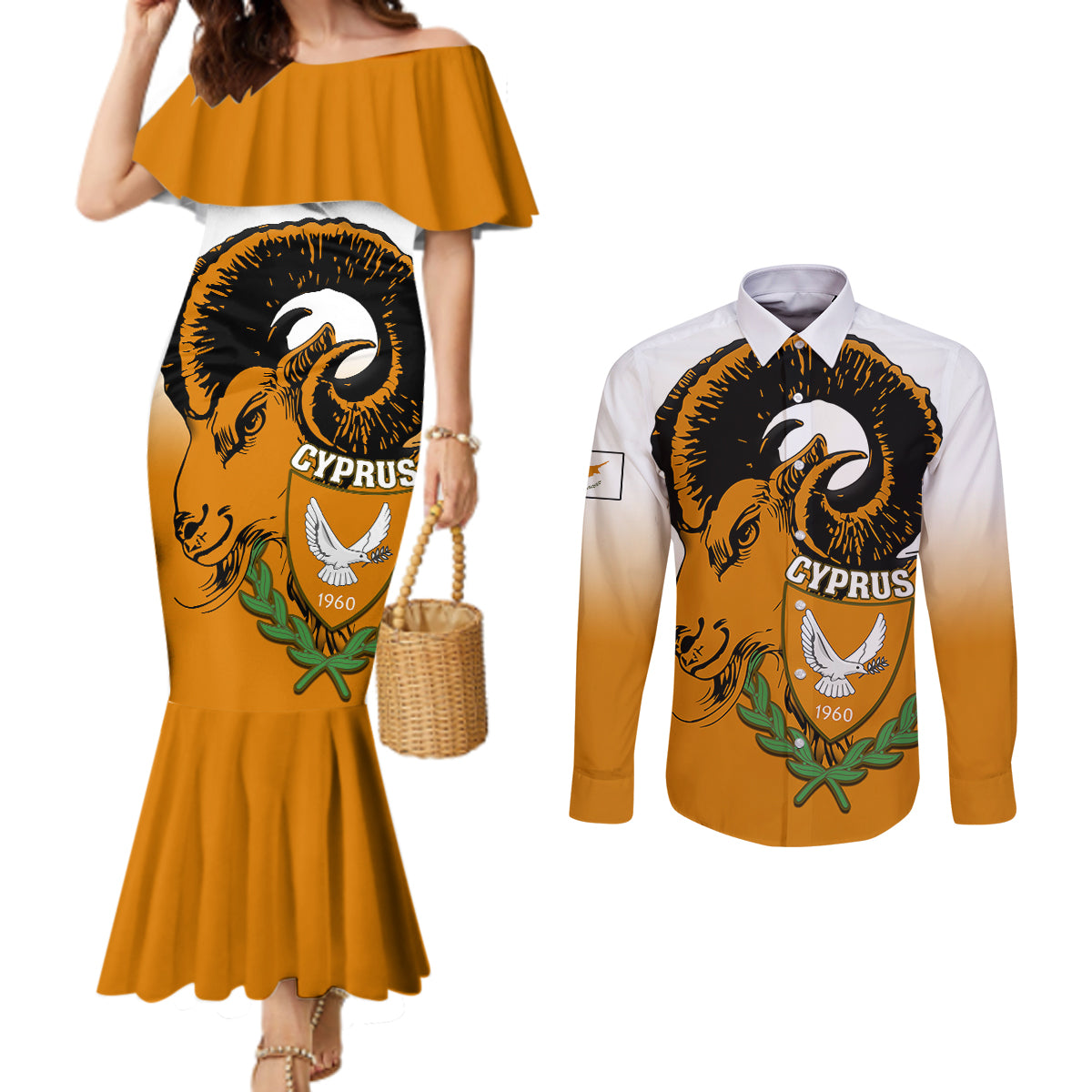 cyprus-independence-day-couples-matching-mermaid-dress-and-long-sleeve-button-shirts-coat-of-arms-with-cypriot-mouflon-gradient-style