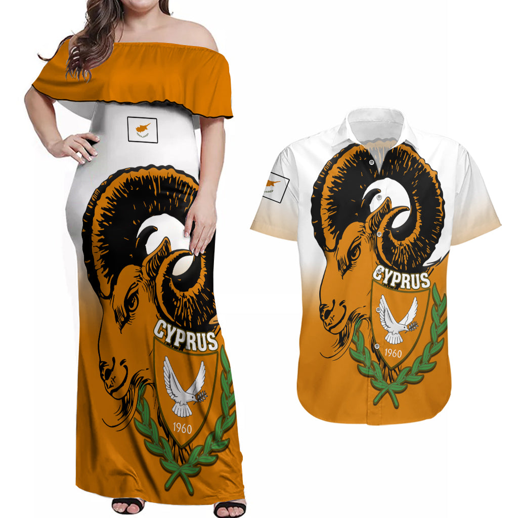 Cyprus Independence Day Couples Matching Off Shoulder Maxi Dress and Hawaiian Shirt Coat Of Arms With Cypriot Mouflon Gradient Style - Wonder Print Shop