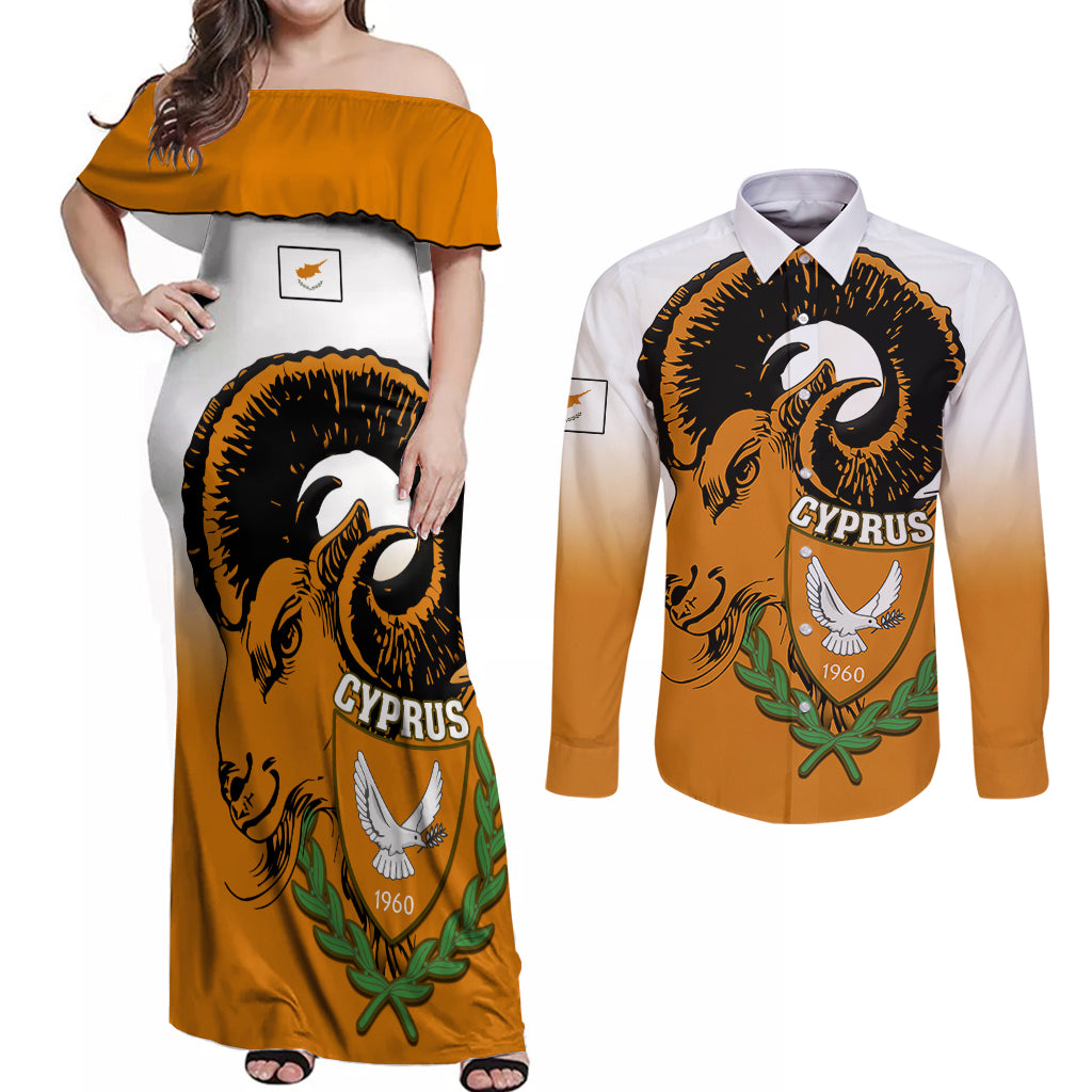 Cyprus Independence Day Couples Matching Off Shoulder Maxi Dress and Long Sleeve Button Shirts Coat Of Arms With Cypriot Mouflon Gradient Style - Wonder Print Shop