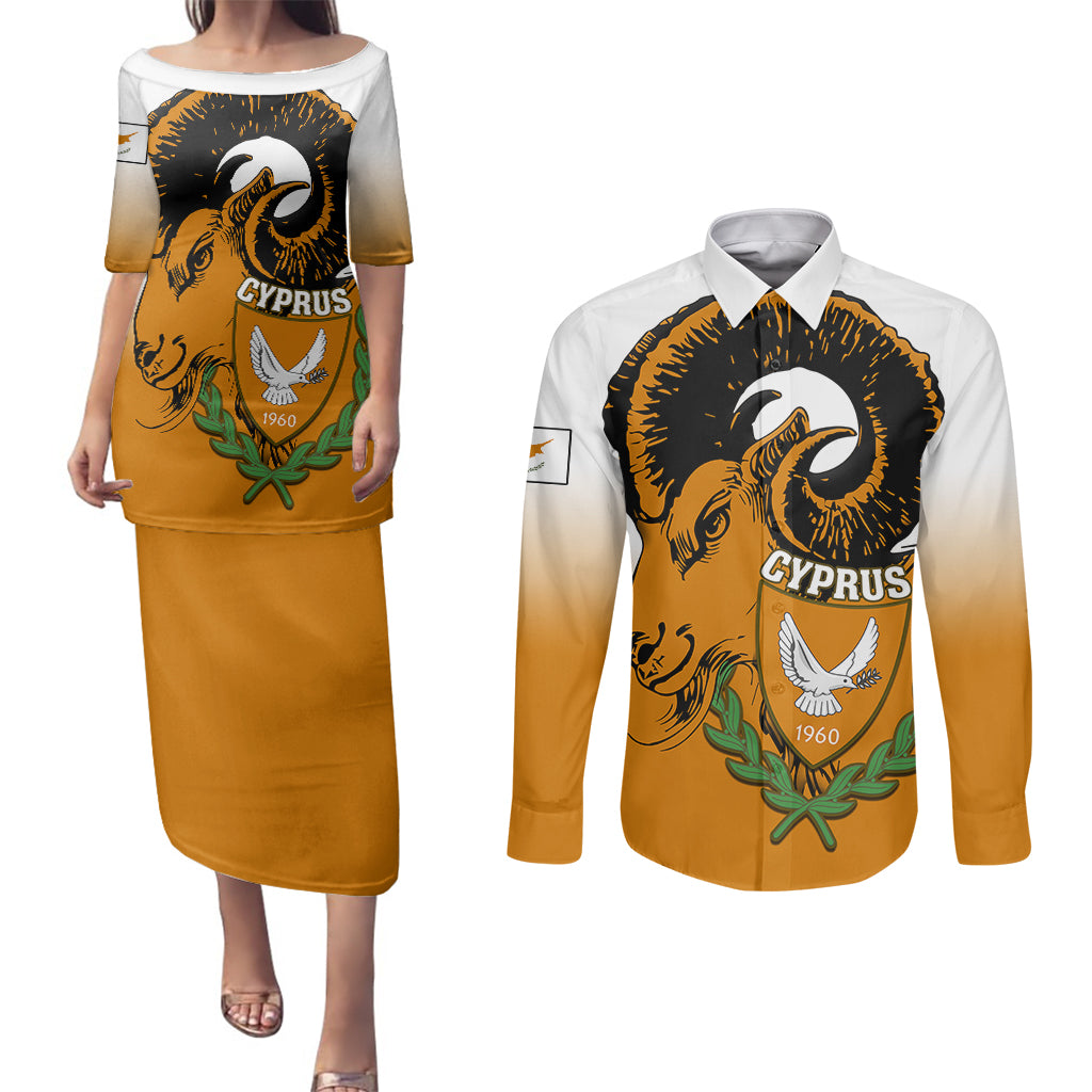 Cyprus Independence Day Couples Matching Puletasi Dress and Long Sleeve Button Shirts Coat Of Arms With Cypriot Mouflon Gradient Style - Wonder Print Shop