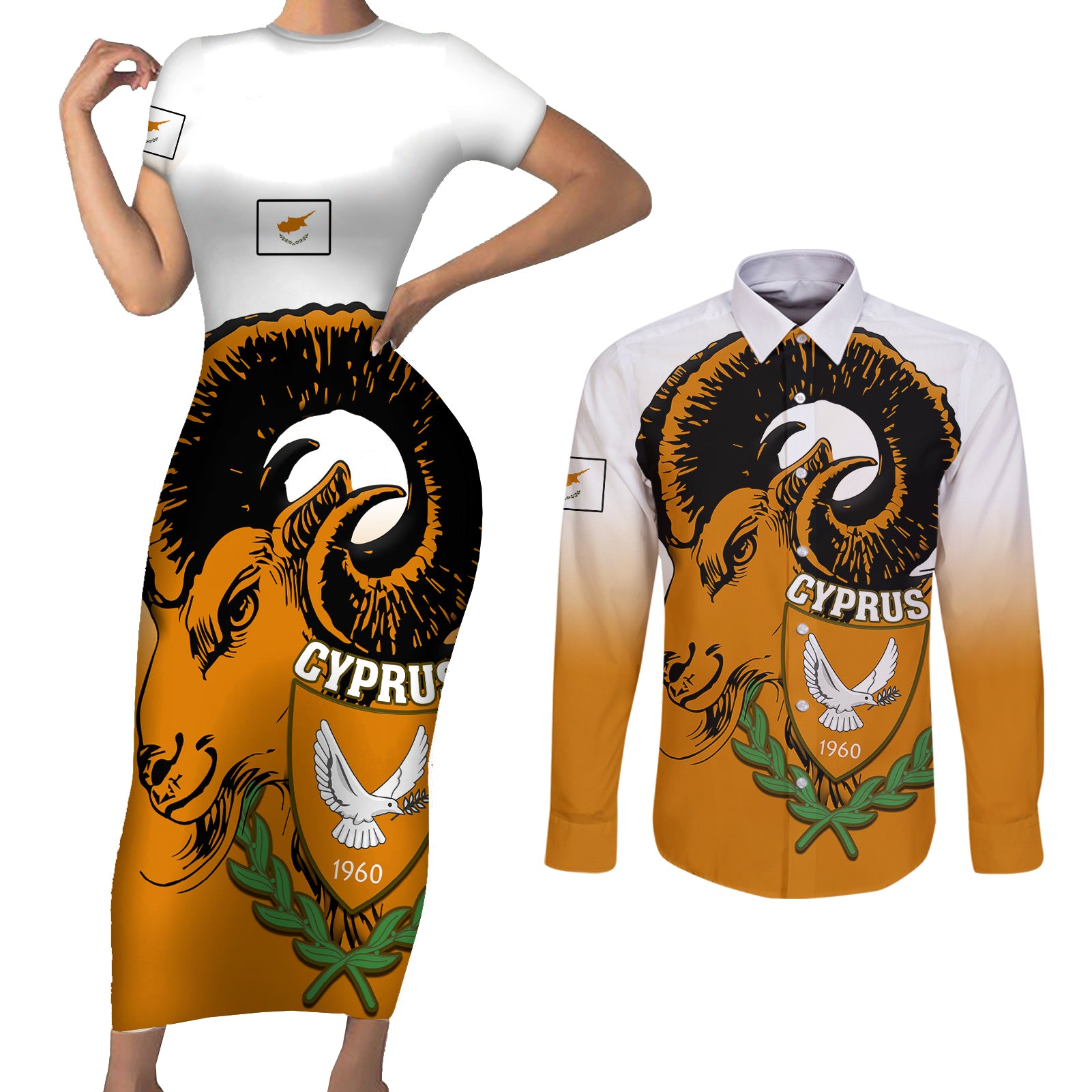 Cyprus Independence Day Couples Matching Short Sleeve Bodycon Dress and Long Sleeve Button Shirts Coat Of Arms With Cypriot Mouflon Gradient Style - Wonder Print Shop