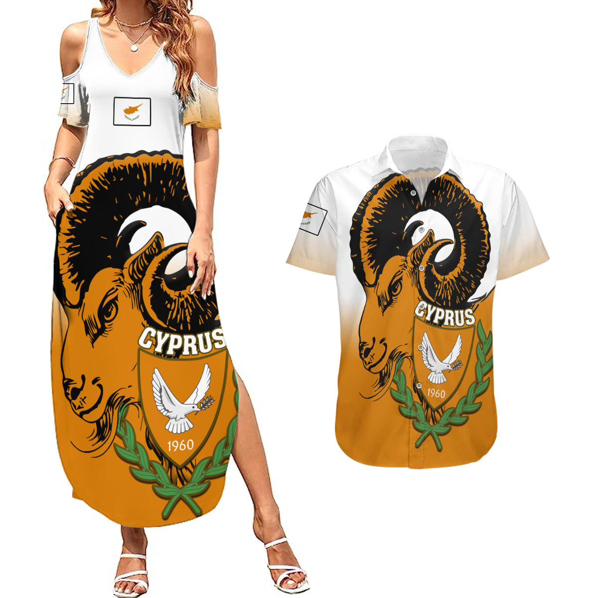 Cyprus Independence Day Couples Matching Summer Maxi Dress and Hawaiian Shirt Coat Of Arms With Cypriot Mouflon Gradient Style - Wonder Print Shop