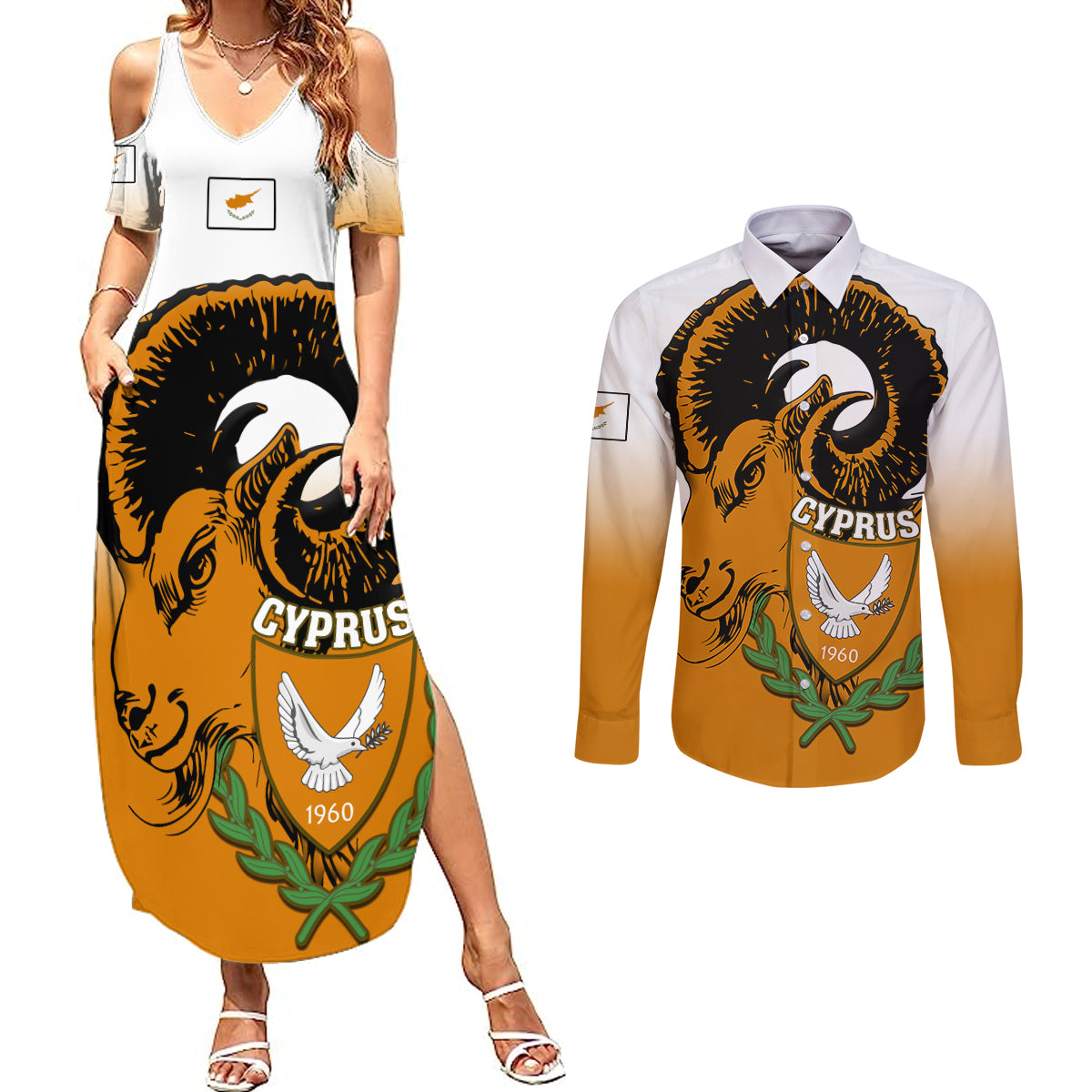 Cyprus Independence Day Couples Matching Summer Maxi Dress and Long Sleeve Button Shirts Coat Of Arms With Cypriot Mouflon Gradient Style - Wonder Print Shop