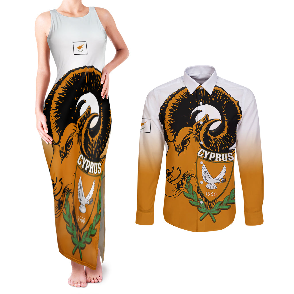 Cyprus Independence Day Couples Matching Tank Maxi Dress and Long Sleeve Button Shirts Coat Of Arms With Cypriot Mouflon Gradient Style - Wonder Print Shop