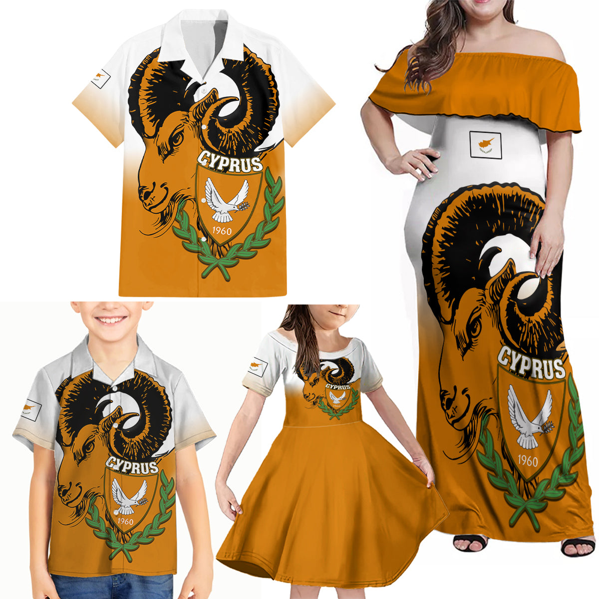 Cyprus Independence Day Family Matching Off Shoulder Maxi Dress and Hawaiian Shirt Coat Of Arms With Cypriot Mouflon Gradient Style - Wonder Print Shop