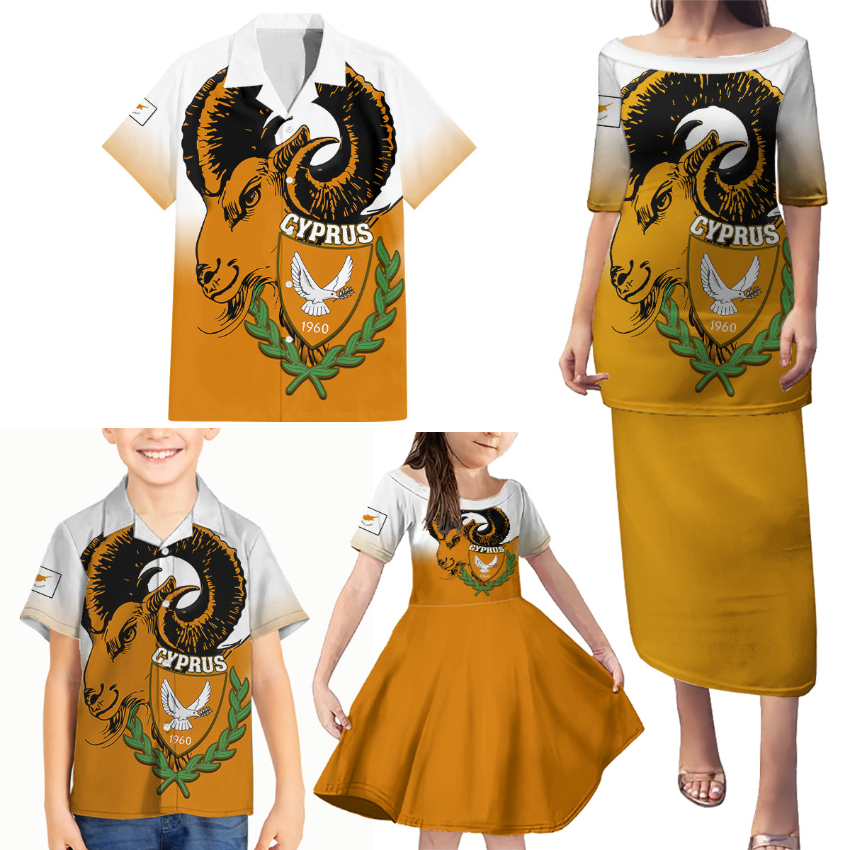 Cyprus Independence Day Family Matching Puletasi Dress and Hawaiian Shirt Coat Of Arms With Cypriot Mouflon Gradient Style - Wonder Print Shop