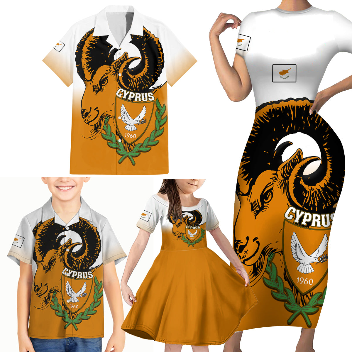 Cyprus Independence Day Family Matching Short Sleeve Bodycon Dress and Hawaiian Shirt Coat Of Arms With Cypriot Mouflon Gradient Style - Wonder Print Shop