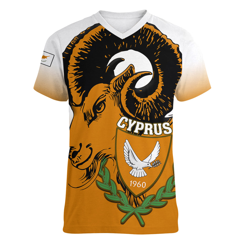 Cyprus Independence Day Women V Neck T Shirt Coat Of Arms With Cypriot Mouflon Gradient Style - Wonder Print Shop