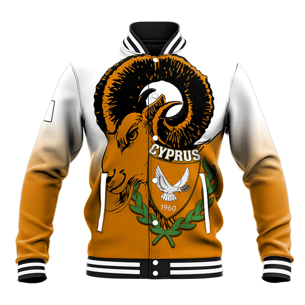 Personalized Cyprus baseball jacket with mouflon coat-of-arms graphic, black and orange gradient