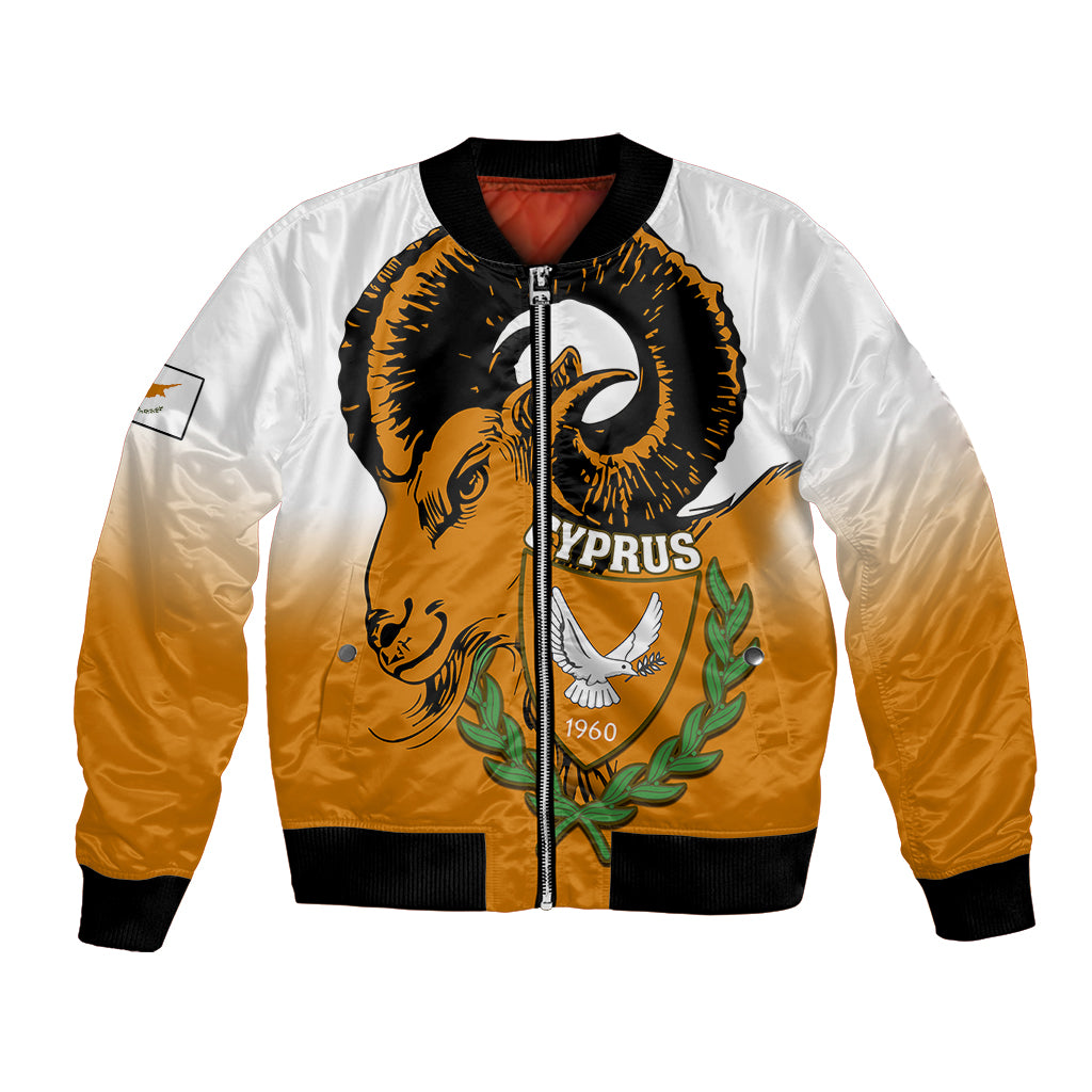 Orange/white bomber jacket, black rib collar & hem, front zip, mouflon and Cyprus print