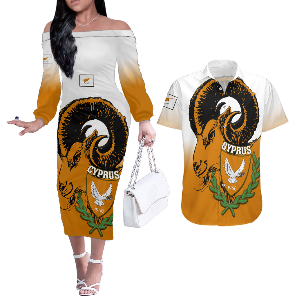 Personalised Cyprus Independence Day Couples Matching Off The Shoulder Long Sleeve Dress and Hawaiian Shirt Coat Of Arms With Cypriot Mouflon Gradient Style - Wonder Print Shop