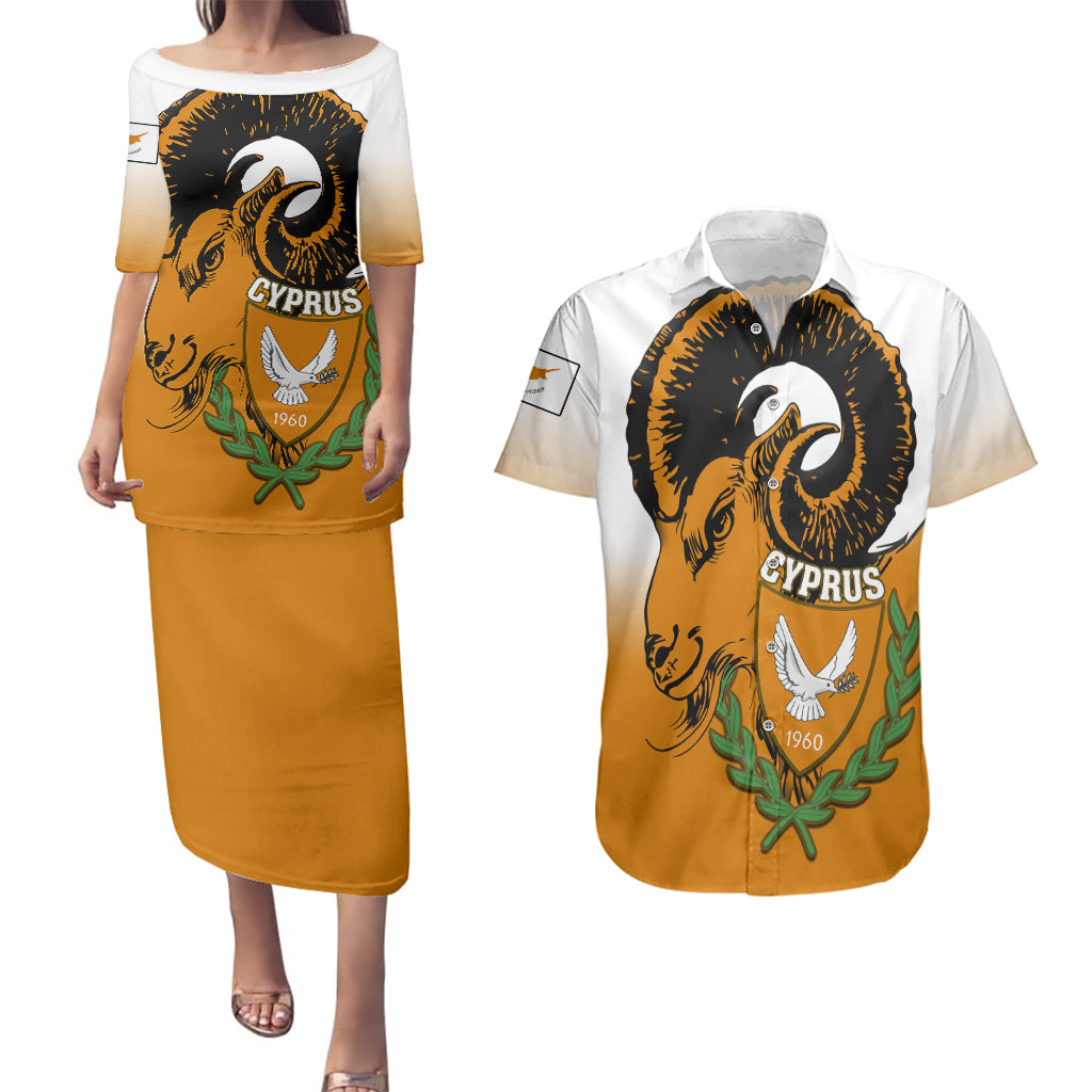 Personalised Cyprus Independence Day Couples Matching Puletasi Dress and Hawaiian Shirt Coat Of Arms With Cypriot Mouflon Gradient Style - Wonder Print Shop