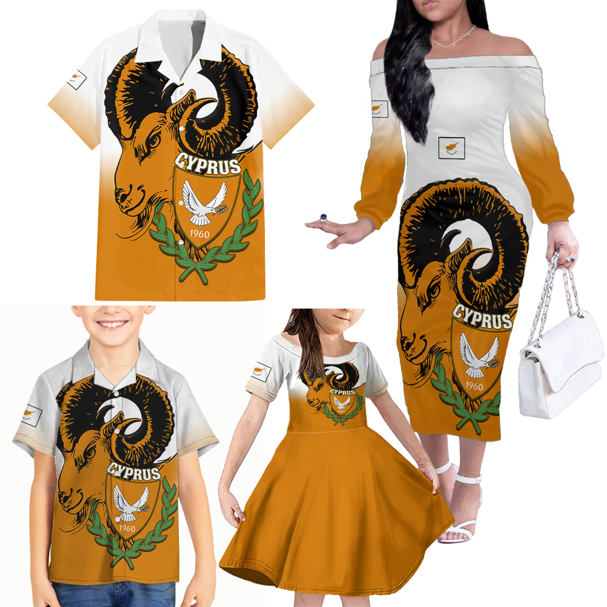 Personalised Cyprus Independence Day Family Matching Off Shoulder Long Sleeve Dress and Hawaiian Shirt Coat Of Arms With Cypriot Mouflon Gradient Style - Wonder Print Shop