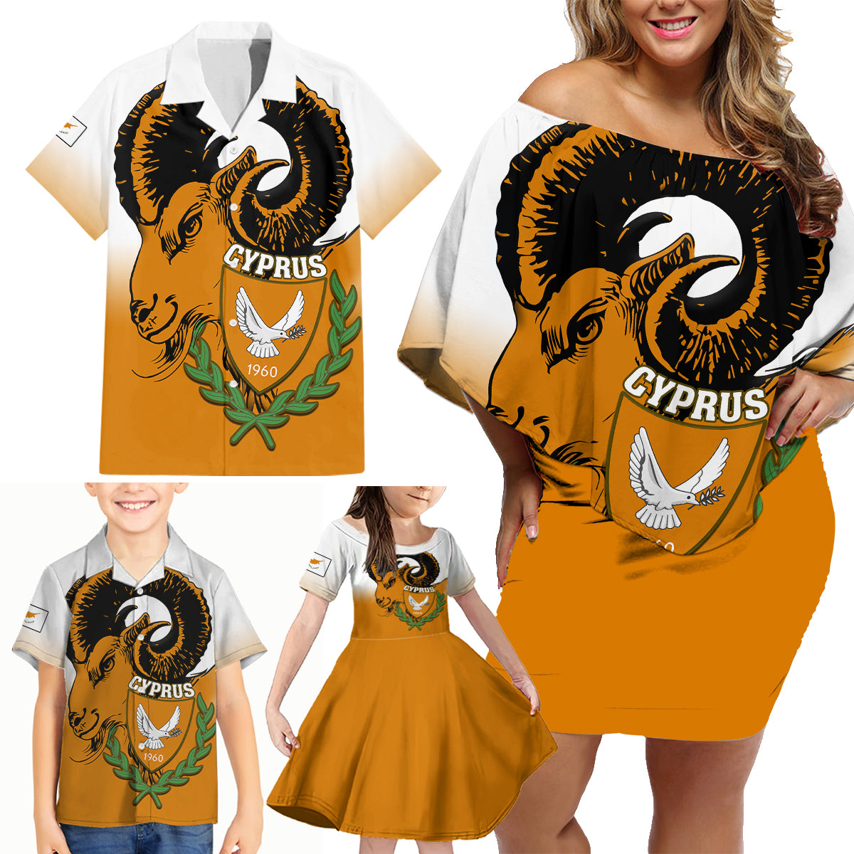 Personalised Cyprus Independence Day Family Matching Off Shoulder Short Dress and Hawaiian Shirt Coat Of Arms With Cypriot Mouflon Gradient Style - Wonder Print Shop