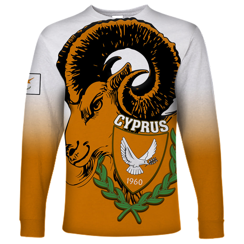 Orange-to-white long-sleeve shirt with ram crest, dove emblem and laurel graphic