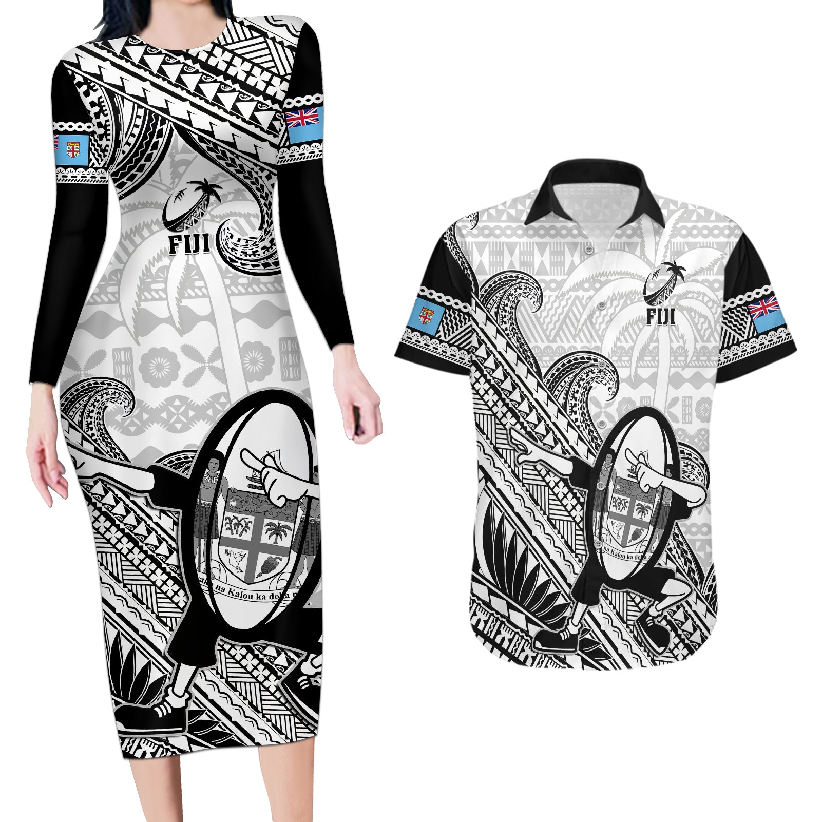 Fiji Tapa Rugby Couples Matching Long Sleeve Bodycon Dress and Hawaiian Shirt Flying Fijian 2023 World Cup With Dabbing Ball - Wonder Print Shop