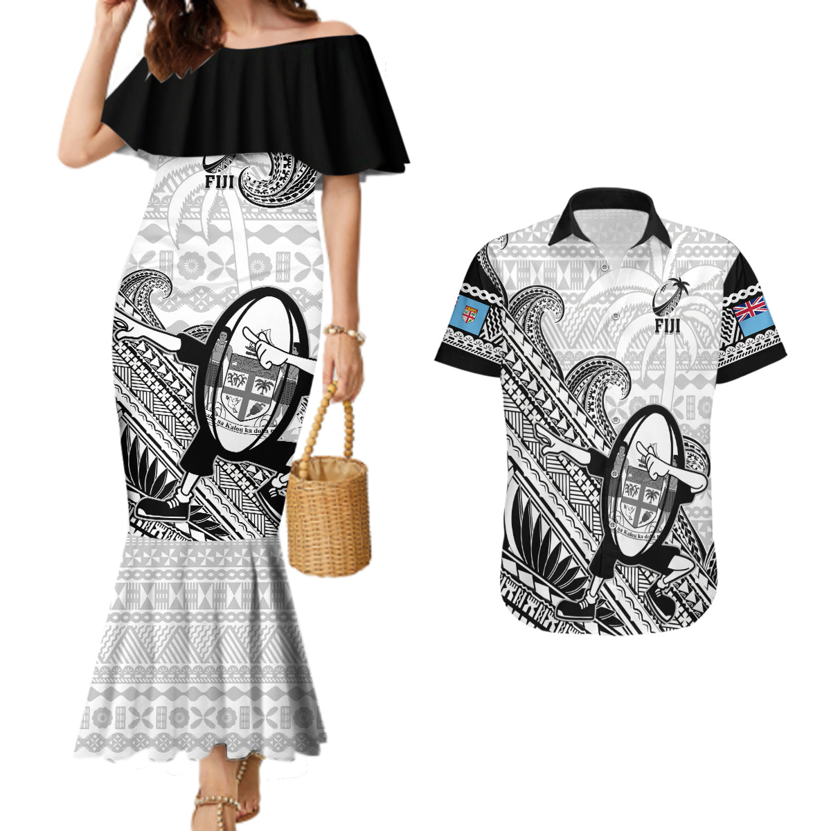 Fiji Tapa Rugby Couples Matching Mermaid Dress and Hawaiian Shirt Flying Fijian 2023 World Cup With Dabbing Ball - Wonder Print Shop