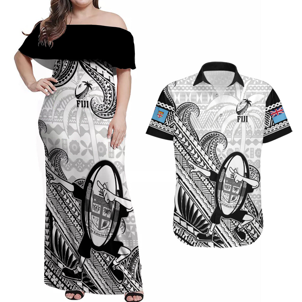 Fiji Tapa Rugby Couples Matching Off Shoulder Maxi Dress and Hawaiian Shirt Flying Fijian 2023 World Cup With Dabbing Ball - Wonder Print Shop