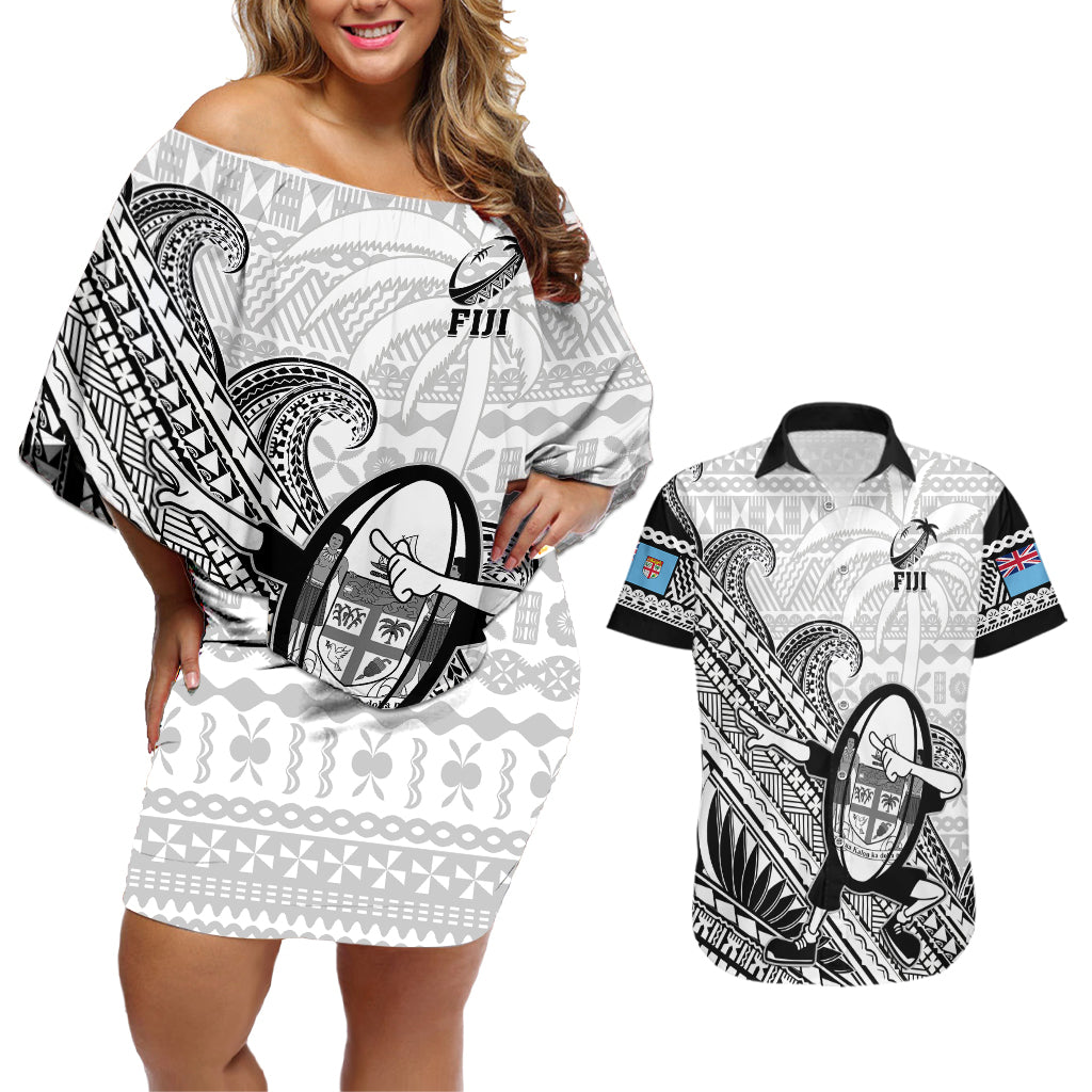 Fiji Tapa Rugby Couples Matching Off Shoulder Short Dress and Hawaiian Shirt Flying Fijian 2023 World Cup With Dabbing Ball - Wonder Print Shop