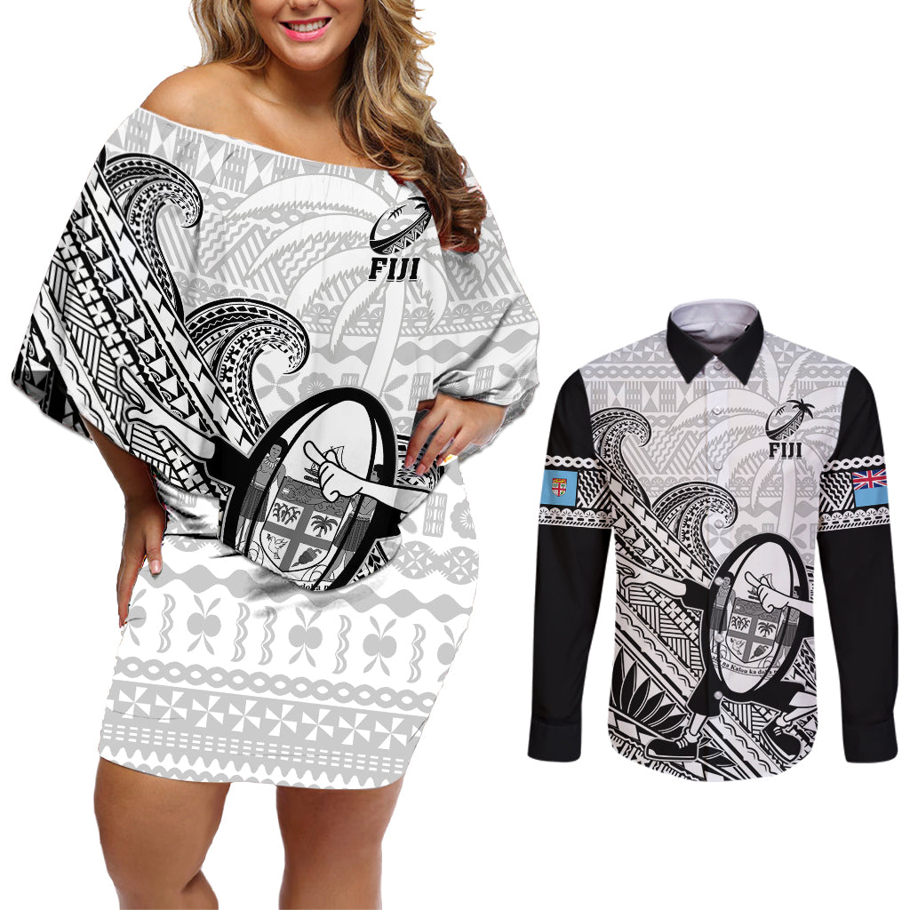 Fiji Tapa Rugby Couples Matching Off Shoulder Short Dress and Long Sleeve Button Shirts Flying Fijian 2023 World Cup With Dabbing Ball - Wonder Print Shop