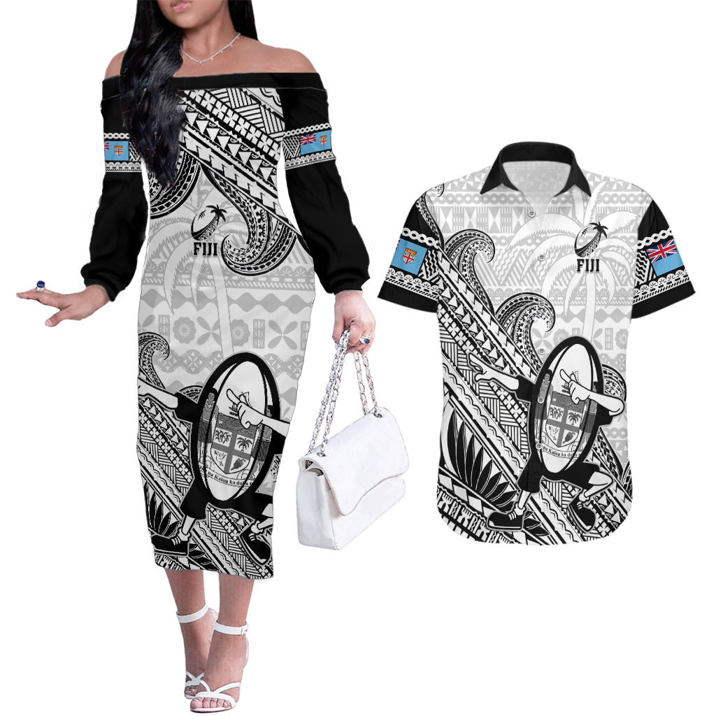 Fiji Tapa Rugby Couples Matching Off The Shoulder Long Sleeve Dress and Hawaiian Shirt Flying Fijian 2023 World Cup With Dabbing Ball - Wonder Print Shop