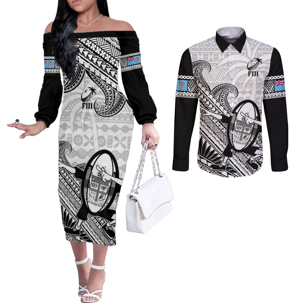 fiji-tapa-rugby-couples-matching-off-the-shoulder-long-sleeve-dress-and-long-sleeve-button-shirts-flying-fijian-2023-world-cup-with-dabbing-ball