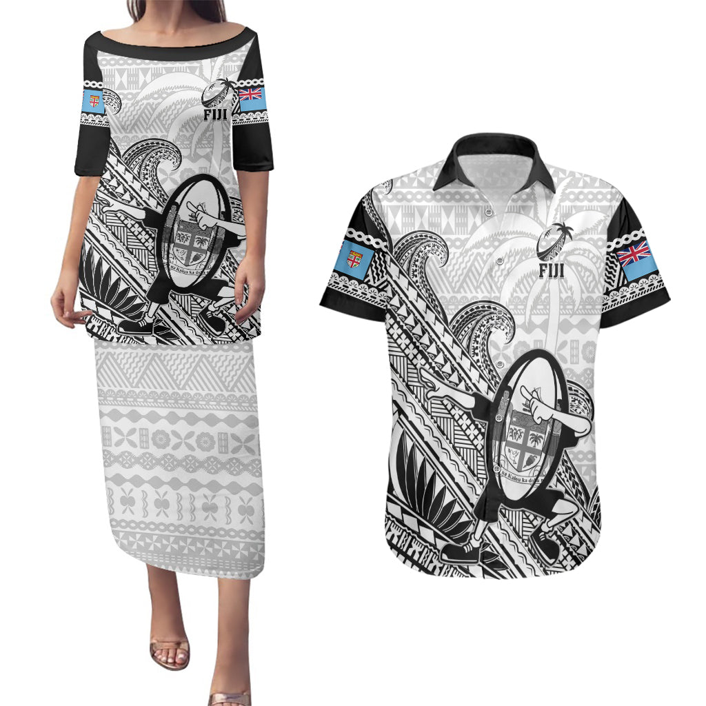 Fiji Tapa Rugby Couples Matching Puletasi Dress and Hawaiian Shirt Flying Fijian 2023 World Cup With Dabbing Ball - Wonder Print Shop