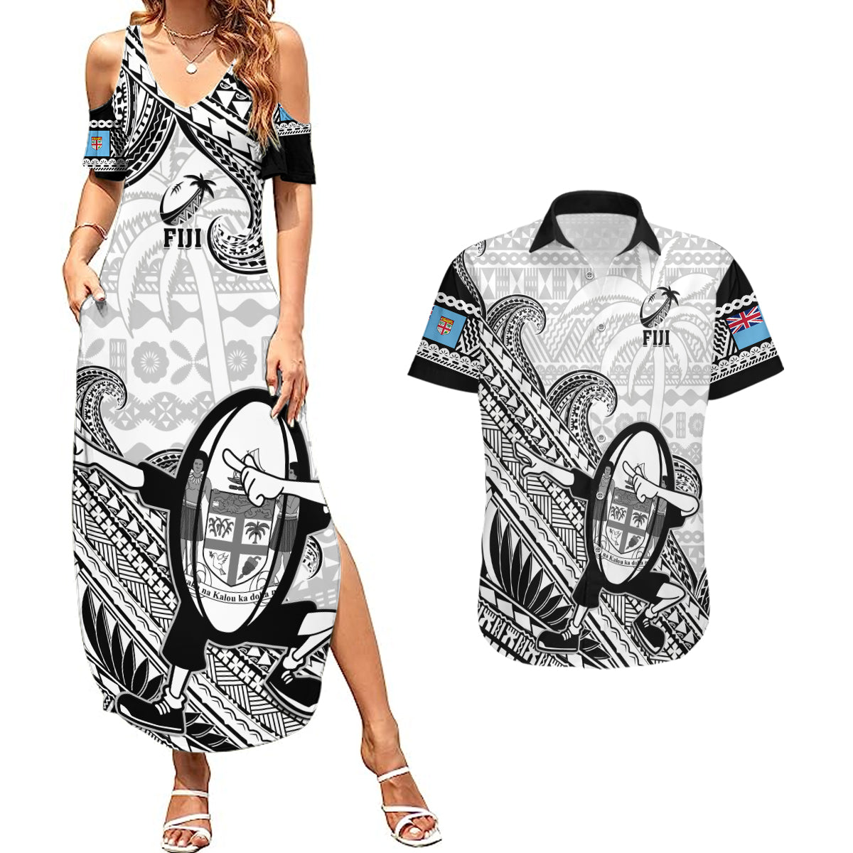 Fiji Tapa Rugby Couples Matching Summer Maxi Dress and Hawaiian Shirt Flying Fijian 2023 World Cup With Dabbing Ball - Wonder Print Shop