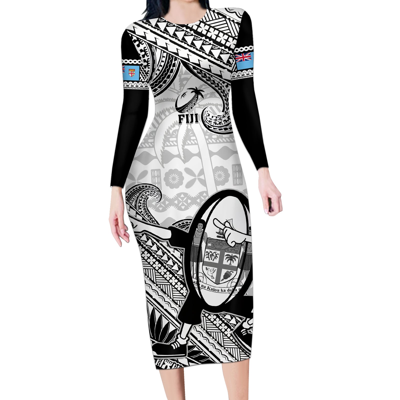 Fiji Tapa Rugby Long Sleeve Bodycon Dress Flying Fijian 2023 World Cup With Dabbing Ball - Wonder Print Shop