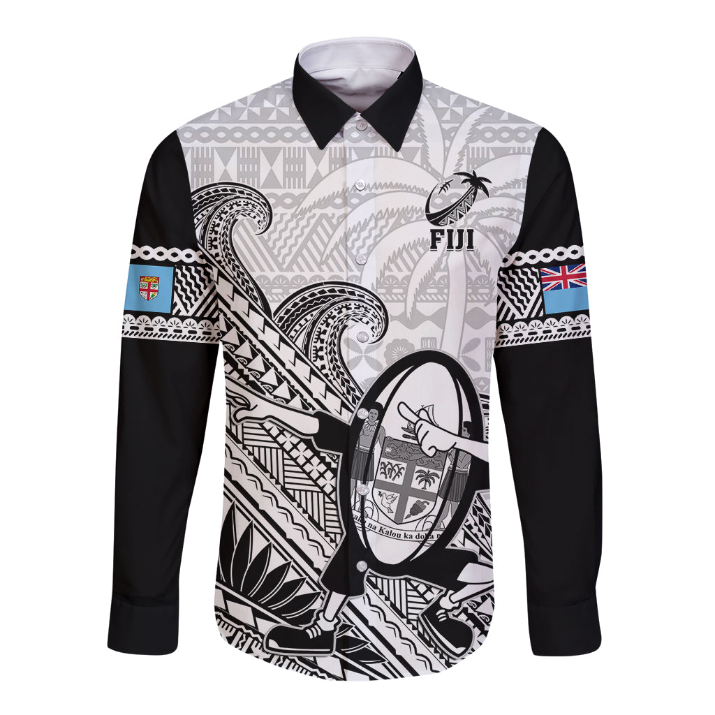 Fiji Tapa Rugby Long Sleeve Button Shirt Flying Fijian 2023 World Cup With Dabbing Ball - Wonder Print Shop