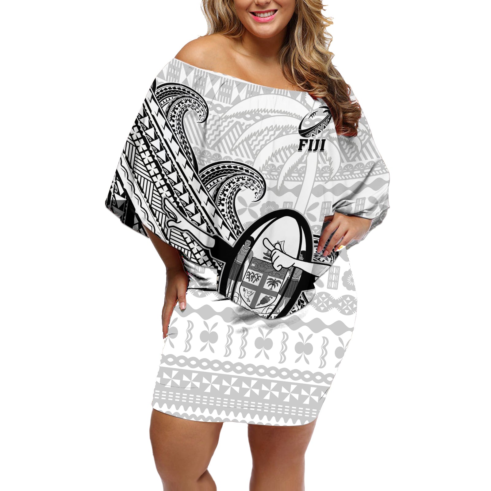 Fiji Tapa Rugby Off Shoulder Short Dress Flying Fijian 2023 World Cup With Dabbing Ball - Wonder Print Shop