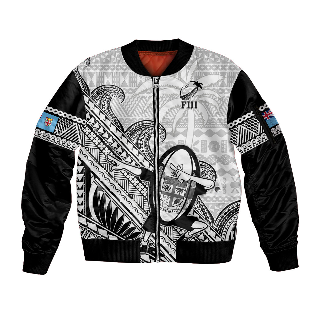 Fiji Tapa Rugby Sleeve Zip Bomber Jacket Flying Fijian 2023 World Cup With Dabbing Ball - Wonder Print Shop