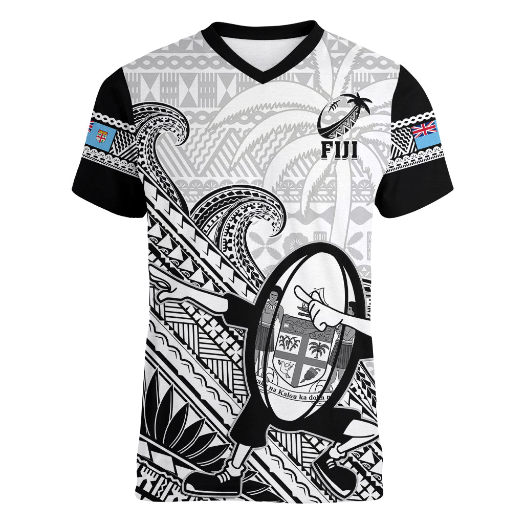 Fiji Tapa Rugby Women V Neck T Shirt Flying Fijian 2023 World Cup With Dabbing Ball - Wonder Print Shop