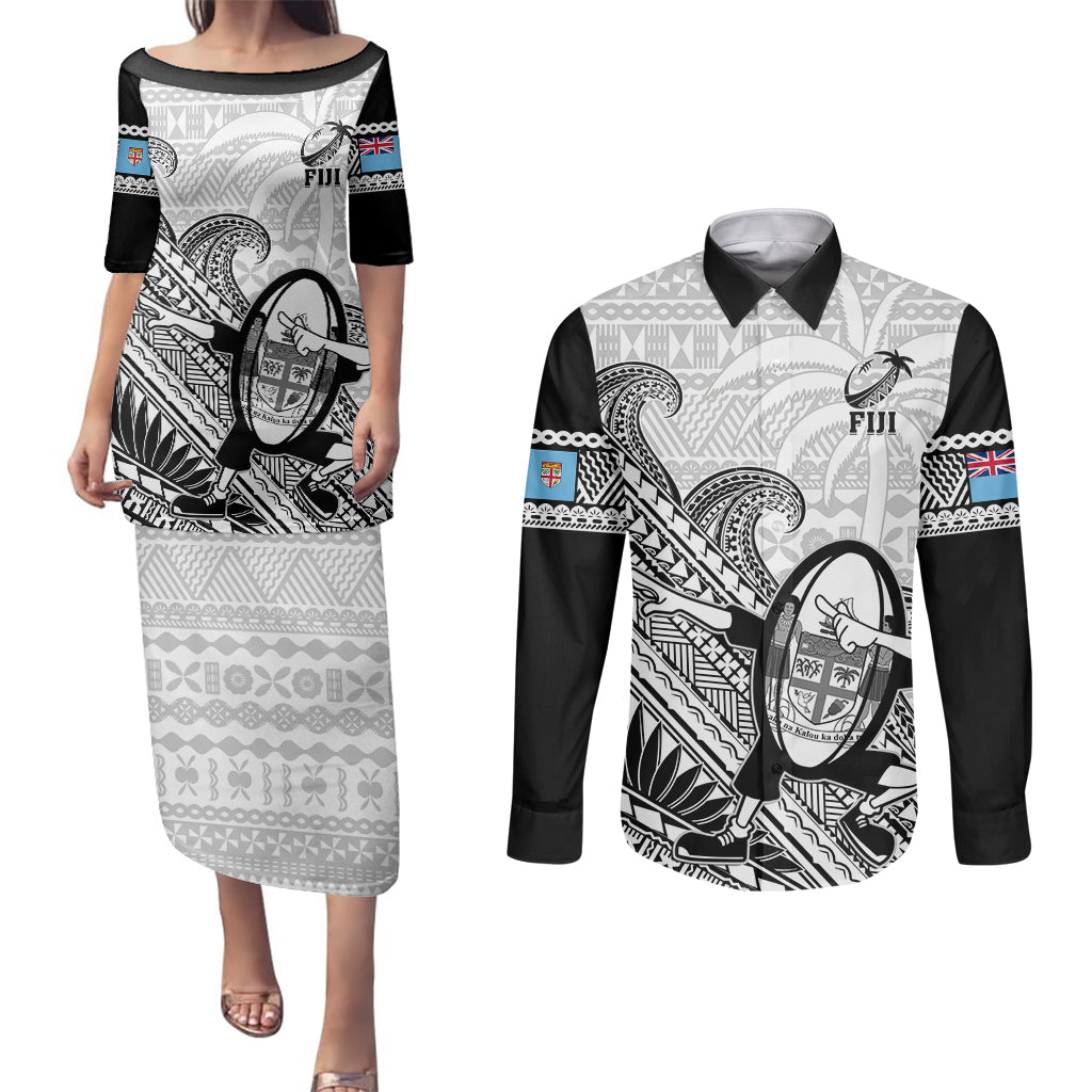 Custom Fiji Tapa Rugby Couples Matching Puletasi Dress and Long Sleeve Button Shirts Flying Fijian 2023 World Cup With Dabbing Ball - Wonder Print Shop