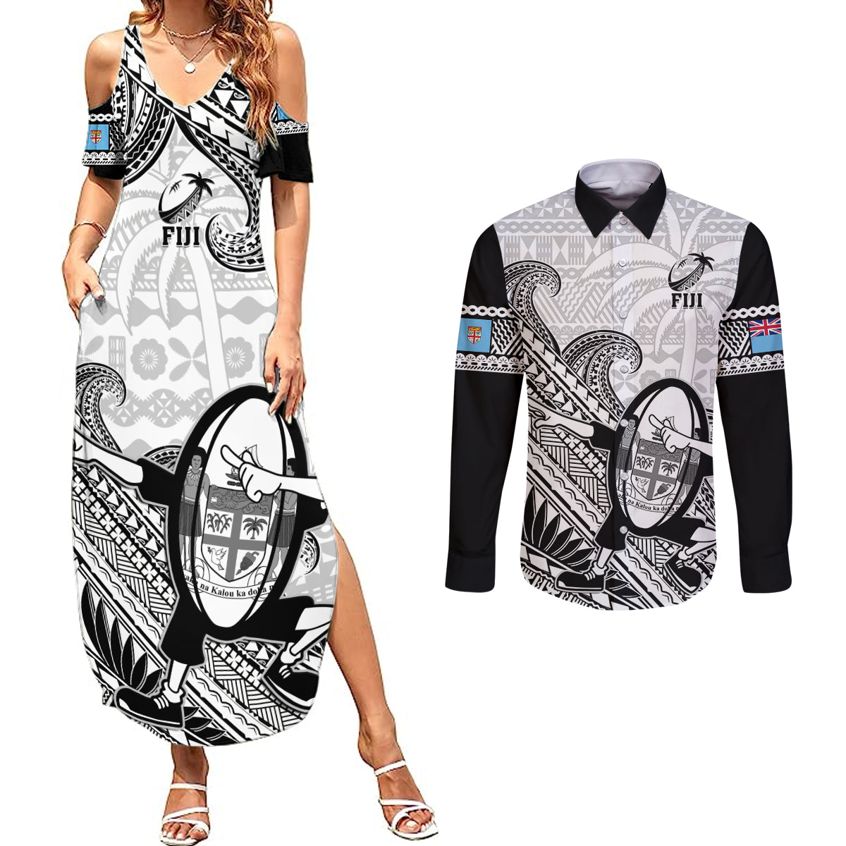 Custom Fiji Tapa Rugby Couples Matching Summer Maxi Dress and Long Sleeve Button Shirts Flying Fijian 2023 World Cup With Dabbing Ball - Wonder Print Shop