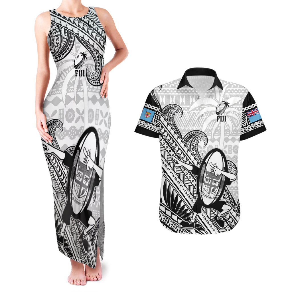 Custom Fiji Tapa Rugby Couples Matching Tank Maxi Dress and Hawaiian Shirt Flying Fijian 2023 World Cup With Dabbing Ball - Wonder Print Shop