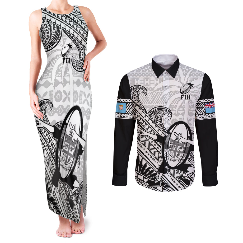 Custom Fiji Tapa Rugby Couples Matching Tank Maxi Dress and Long Sleeve Button Shirts Flying Fijian 2023 World Cup With Dabbing Ball - Wonder Print Shop