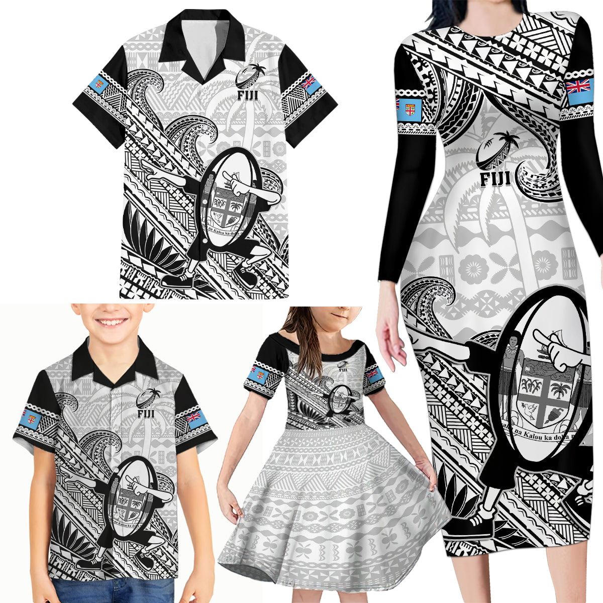 Custom Fiji Tapa Rugby Family Matching Long Sleeve Bodycon Dress and Hawaiian Shirt Flying Fijian 2023 World Cup With Dabbing Ball - Wonder Print Shop