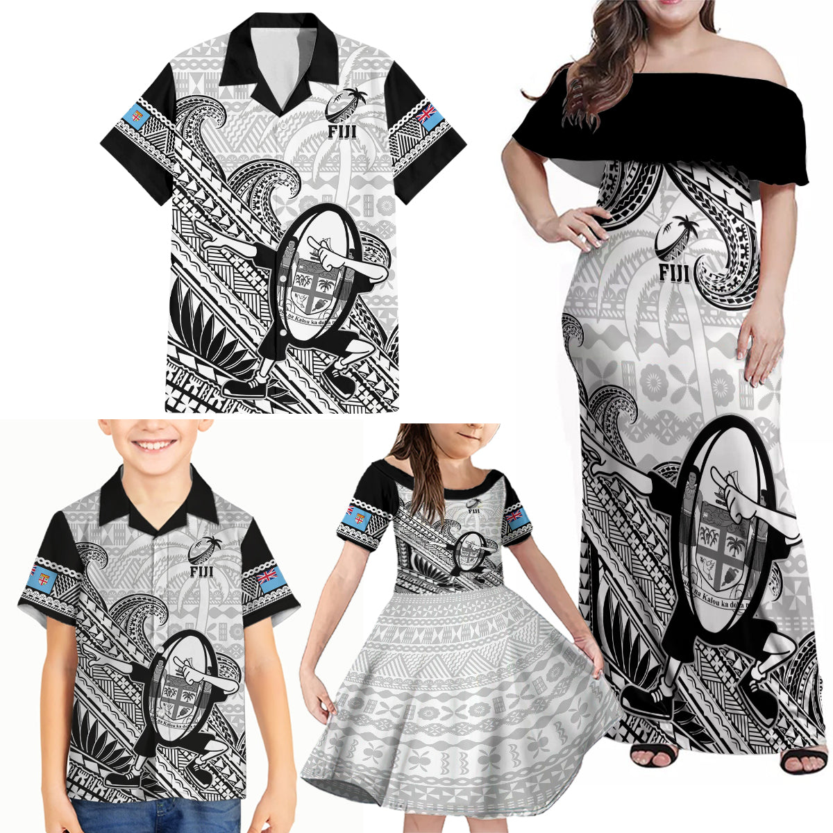 Custom Fiji Tapa Rugby Family Matching Off Shoulder Maxi Dress and Hawaiian Shirt Flying Fijian 2023 World Cup With Dabbing Ball - Wonder Print Shop