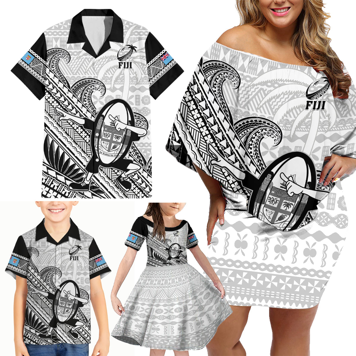 Custom Fiji Tapa Rugby Family Matching Off Shoulder Short Dress and Hawaiian Shirt Flying Fijian 2023 World Cup With Dabbing Ball - Wonder Print Shop