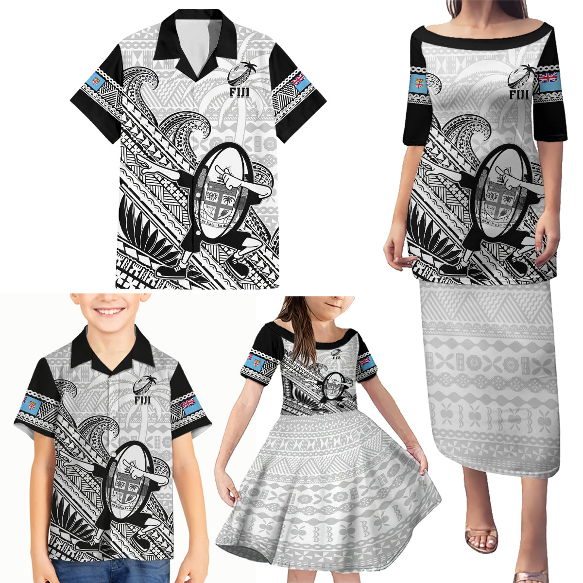 Custom Fiji Tapa Rugby Family Matching Puletasi Dress and Hawaiian Shirt Flying Fijian 2023 World Cup With Dabbing Ball - Wonder Print Shop