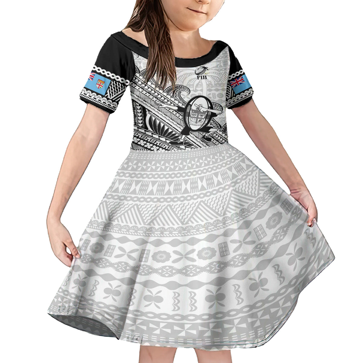 Custom Fiji Tapa Rugby Kid Short Sleeve Dress Flying Fijian 2023 World Cup With Dabbing Ball - Wonder Print Shop