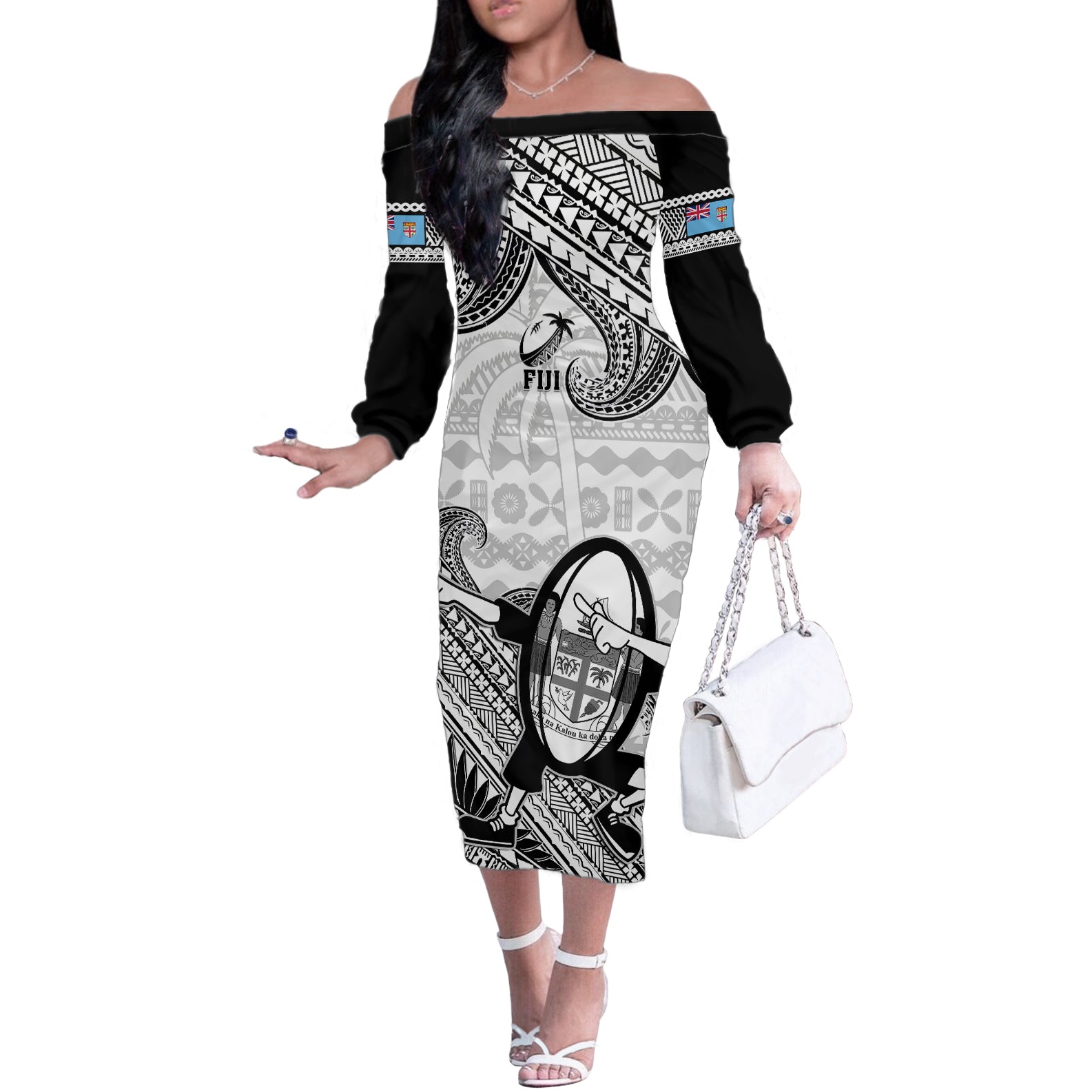 Custom Fiji Tapa Rugby Off The Shoulder Long Sleeve Dress Flying Fijian 2023 World Cup With Dabbing Ball - Wonder Print Shop