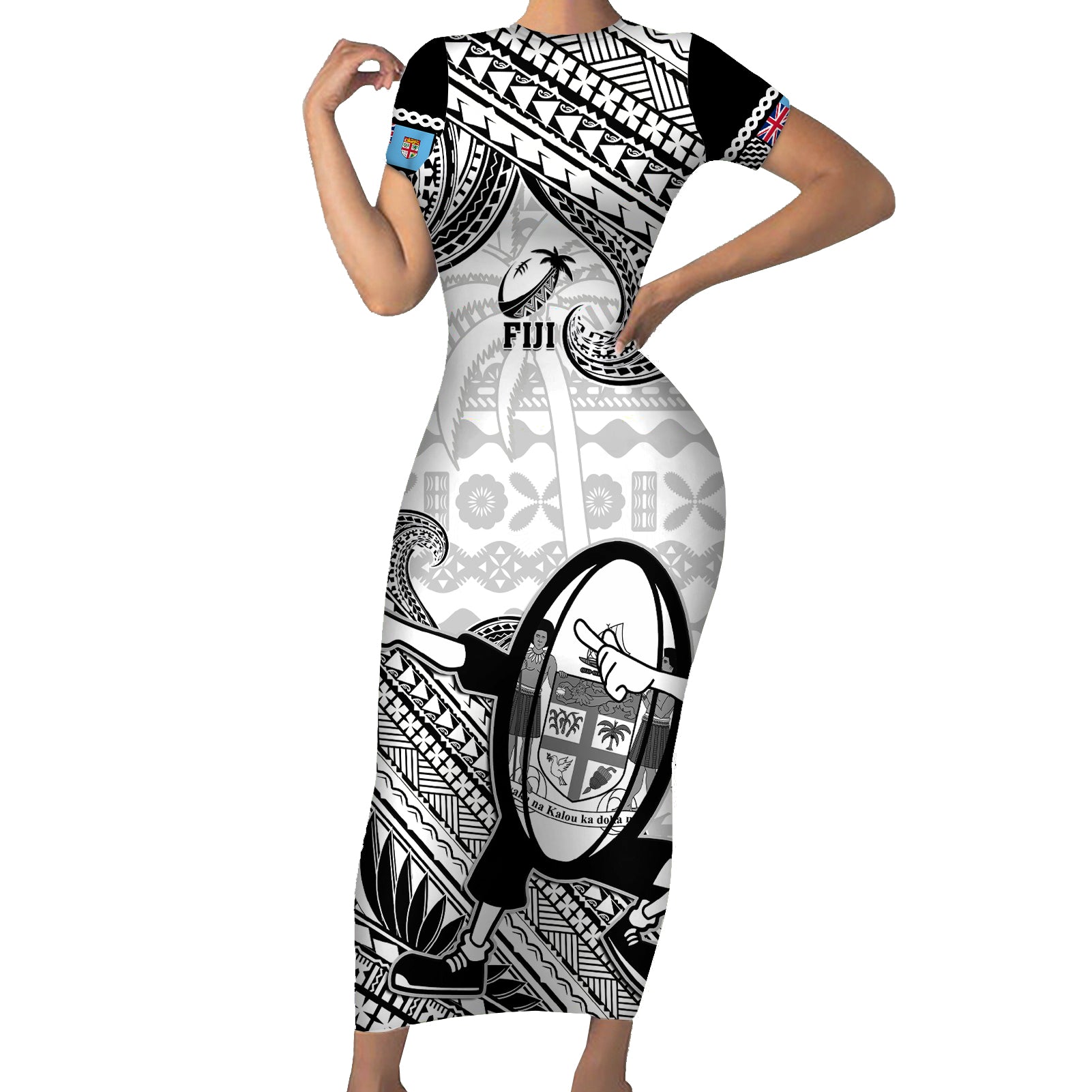 Custom Fiji Tapa Rugby Short Sleeve Bodycon Dress Flying Fijian 2023 World Cup With Dabbing Ball - Wonder Print Shop