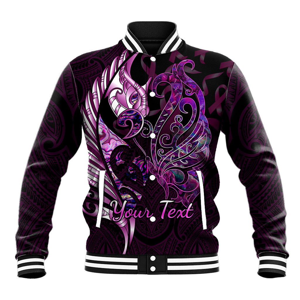 Personalized baseball jacket, dark purple with pink graphics and striped rib trim