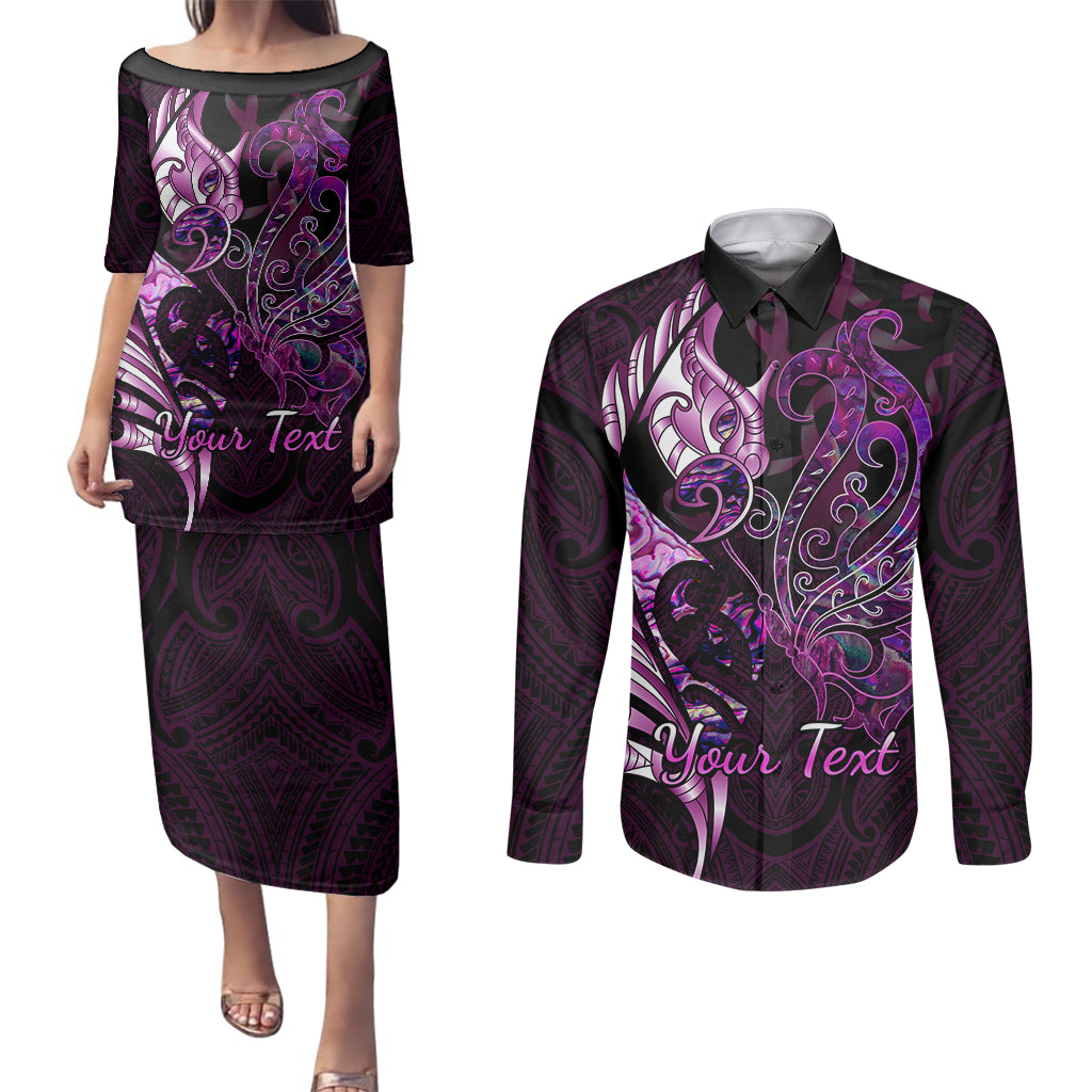 Personalised New Zealand Breast Cancer Couples Matching Puletasi Dress and Long Sleeve Button Shirts Fight Like A Girl Pink Manaia Fern With Paua Shell - Wonder Print Shop